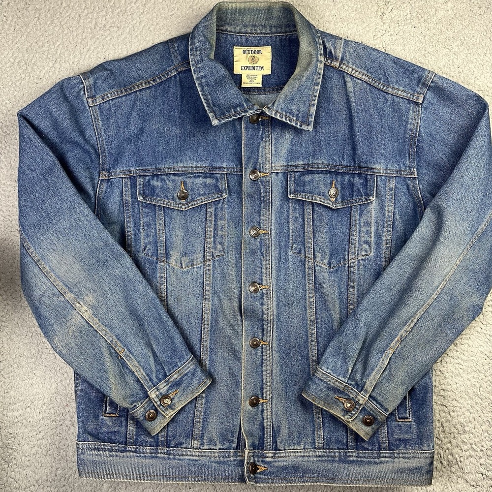 VTG 90s Outdoor Expedition Denim Trucker Coat Jacket Blue Faded Distressed - XL